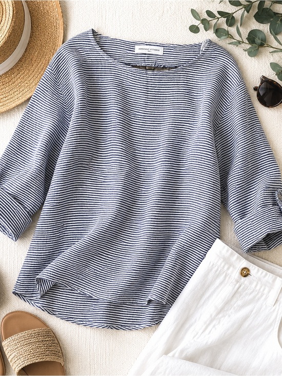 Adrienne Vittadini Tops - Adrienne Vittadini 100% Linen Striped Roll Tab Top Blue White Women’s M